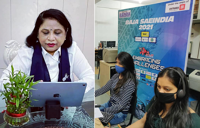 The image shows a collage of two images. One image shows the woman sitting on a chair and working on a laptop; the other shows two girls. The logo of chitkara university and SAEINDIA is on the top right side.