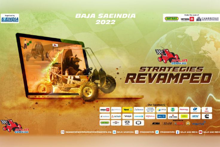 The light green and orange illustration shows "BAJA SAEINDIA 2022" in bold white text in the centre. On the right side of the image is a logo of SAEINDIA, and on the right side of AATRAX, chitkara university and Cambridge. In the centre of the image, there is a laptop. On the centre-right side is the text " STRATEGIC REVAMPED" in bold brown, and below the right side, there are multiple logos.