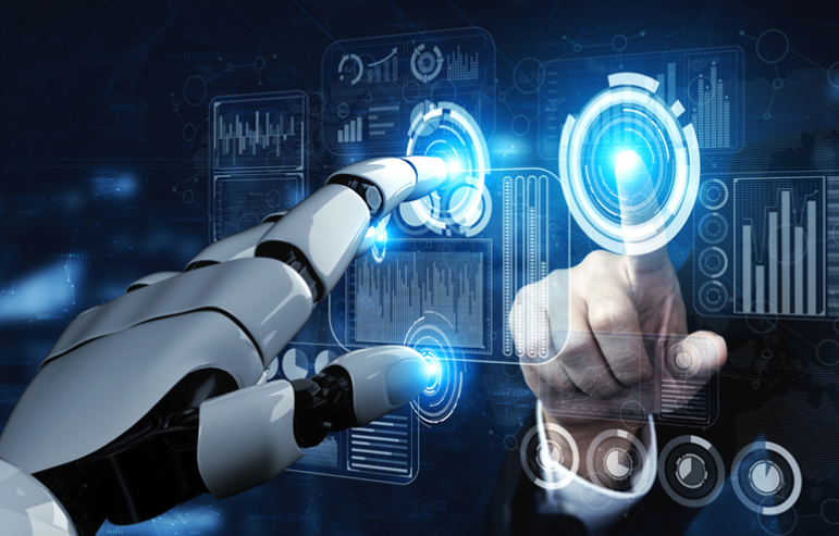 The illustration shows a human hand and a robotic hand. A transparent wall between the human and the robotic hand has AI symbols and graphs.