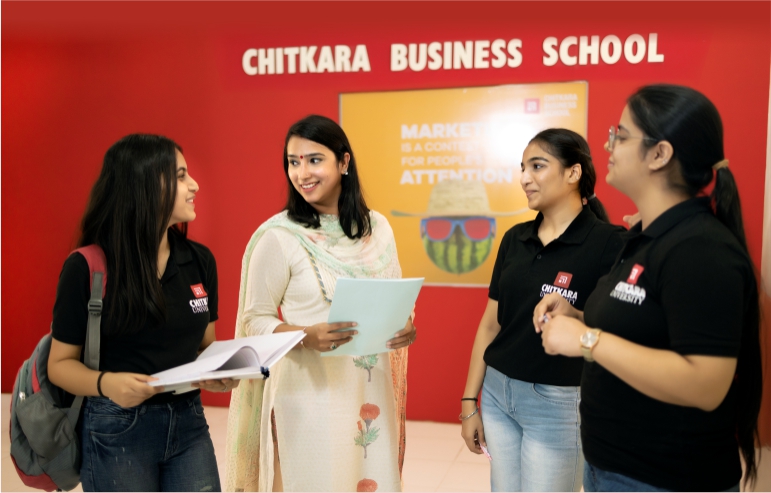 Illustration with red background shows a conversation between chitkara university students and teacher.