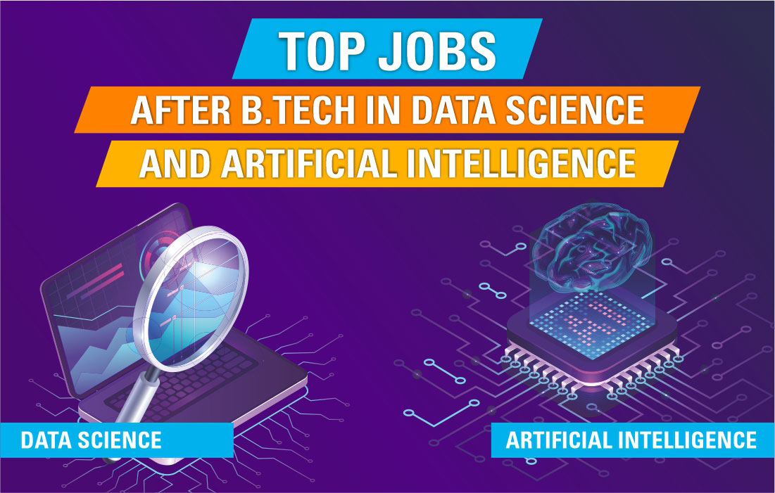 The illustration with a purple AI background shows the "top jobs" in bold white text with a sky blue background. Below this text, another text appears, which shows "after Btech in data science" in bold white text with orange background. After this, an image shows "and artificial intelligence" in bold white text with a yellow background.