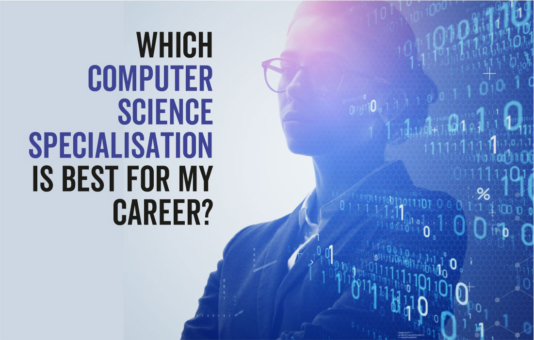 The left side of image shows the text "Which Computer Science Specialization is Best for My Career?" in a bold black and blue color.