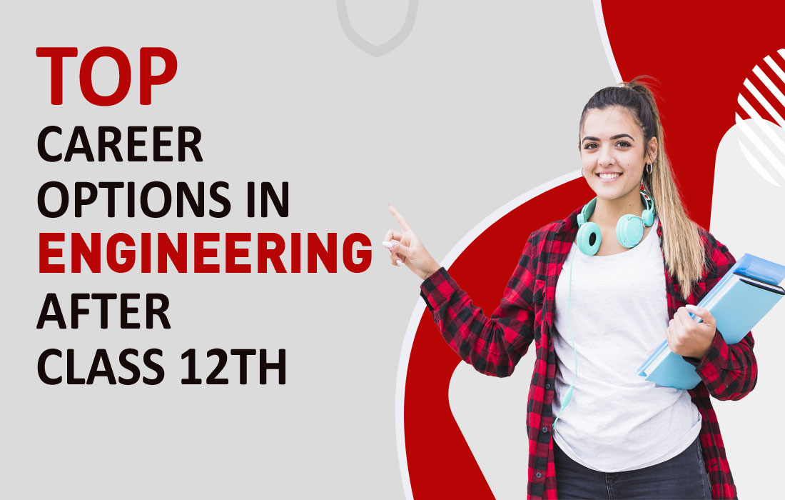 A illustration shows a text " Top 6 Career Options In Engineering After Class 12Th" in bold red and black text. On the right side of the image a women standing and point towards the left side of image.