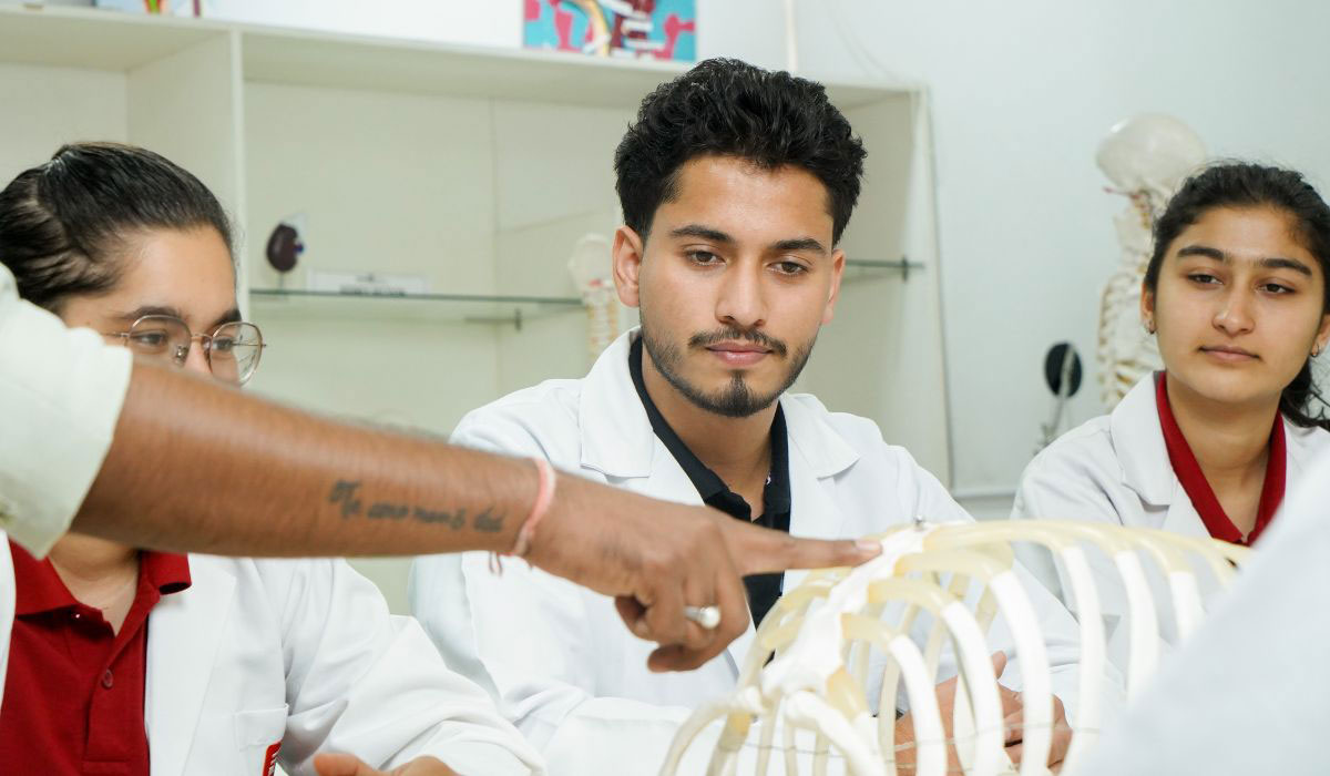 Students learning human anatomy during Bachelor of Physiotherapy degree course practical session