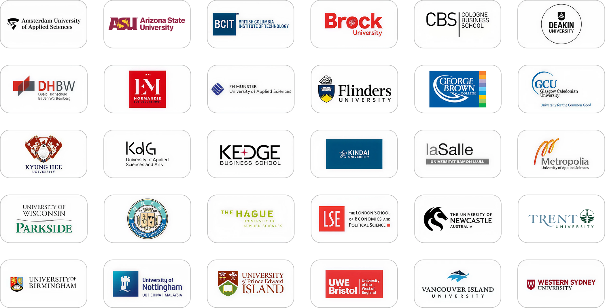 Grid of logos displaying international partner universities and business schools from the Global Collaborations section, including DHBW, EM Normandie, FH Münster, Glasgow Caledonian University, KdG, KEDGE, Kindai University, Metropolia, Kyung Hee University, The Hague University, University of Newcastle Australia, University of Nottingham, University of Birmingham, UWE Bristol, University of Wisconsin–Parkside, University of Prince Edward Island, LSE, University of Windsor, La Salle, Amsterdam University of Applied Sciences, Cologne Business School, Deakin University, Vancouver Island University, Western Sydney University, BCIT, Brock University, and Flinders University.