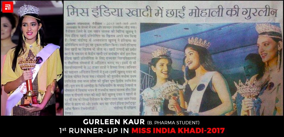 Gurleen Kaur B. Pharma Student adjudged the first runner up in Miss India Khadi 2017 Chitkara University