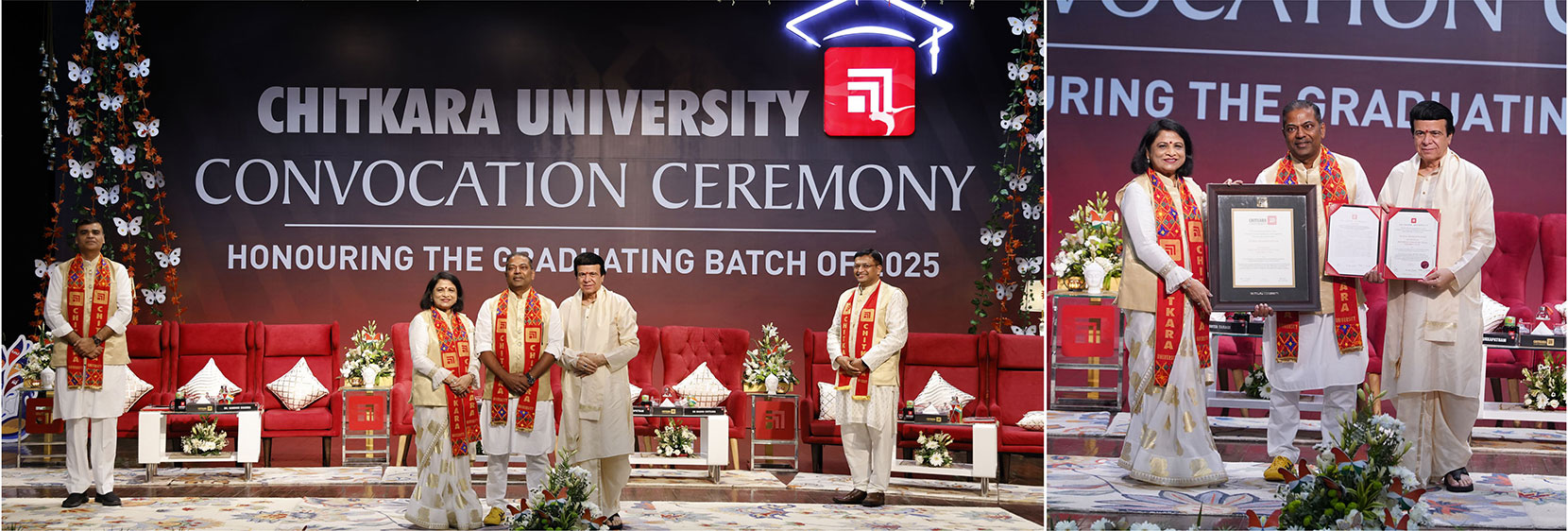 Chitkara University Convocation Ceremony 2025 with dignitaries on stage. Murali Bukkapatnam receives Doctor of Literature (Honoris Causa) award.
