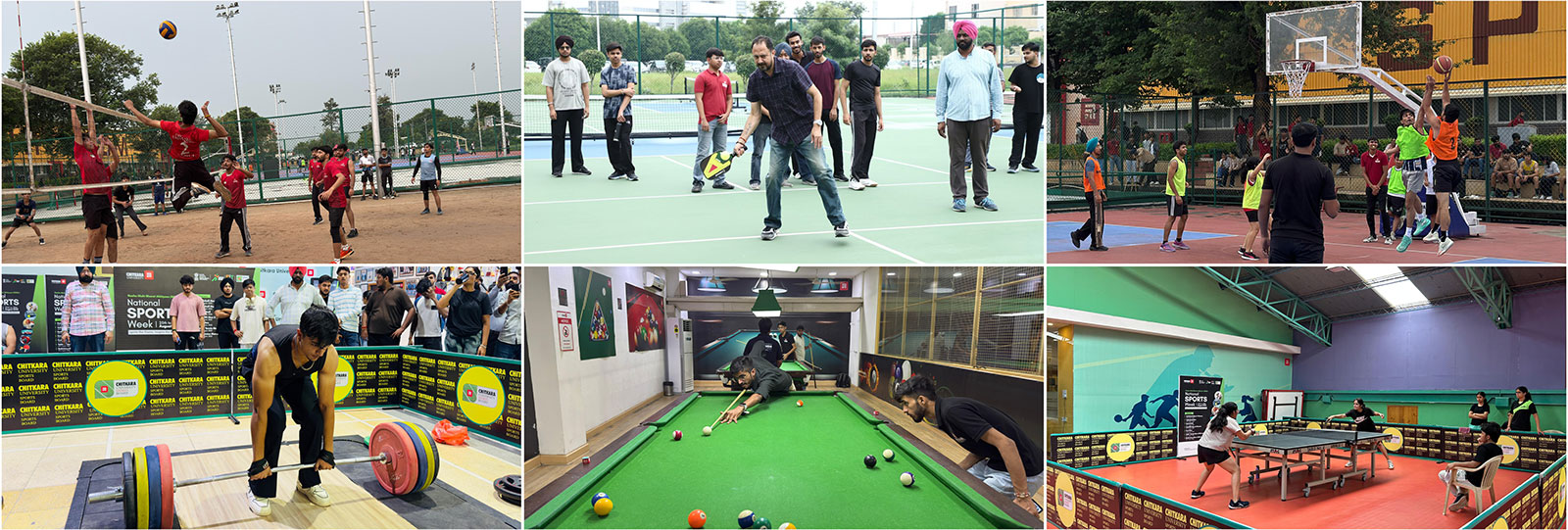 Collage of Chitkara University Sports Week 2025 featuring outdoor volleyball, pickleball, and basketball matches alongside indoor competitions including powerlifting, pool, and table tennis, showcasing students’ athletic skills and team spirit