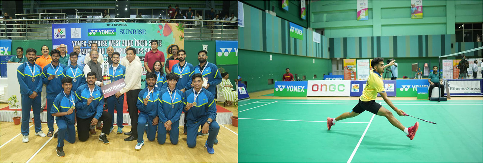 Harshit Thakur and Chitkara University team celebrate silver medal win with action highlights at West Zone Badminton Championship 2025.