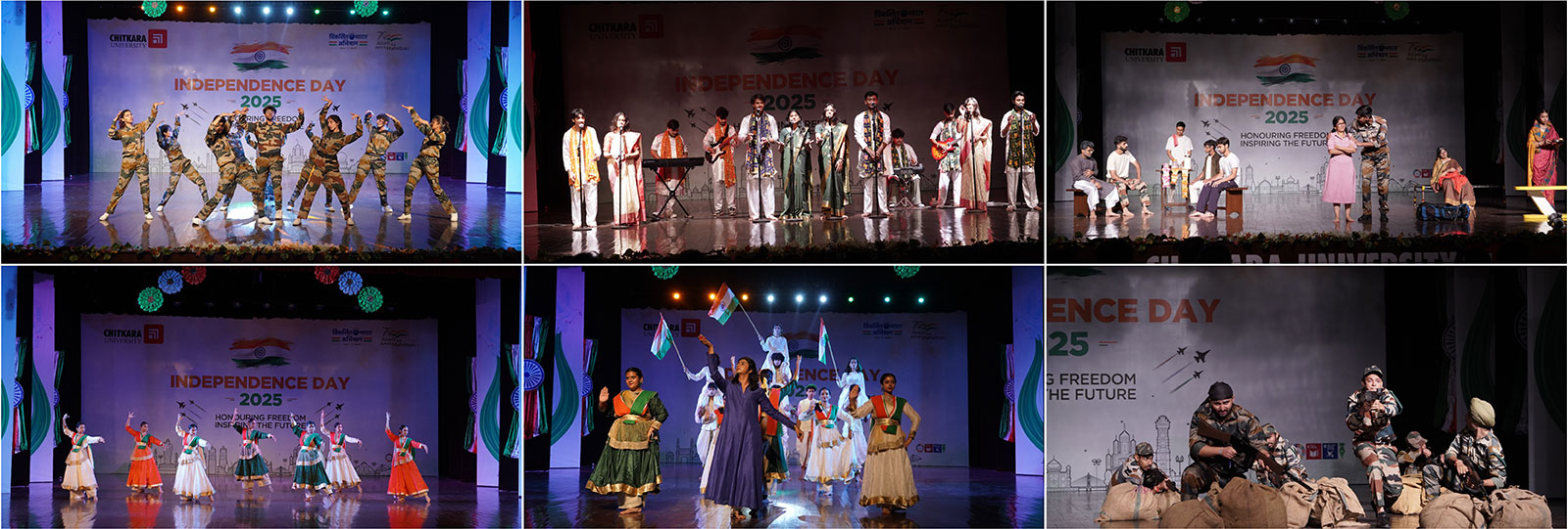 Independence Day 2025 celebrations at Chitkara University with patriotic dance, music, and theatre performances by students