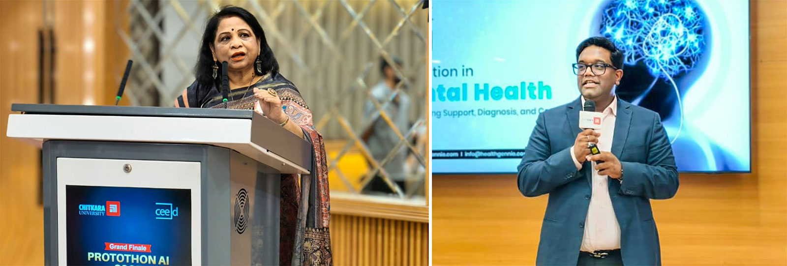 Protothon AI Grand Finale event featuring two speakers presenting innovative AI ideas
