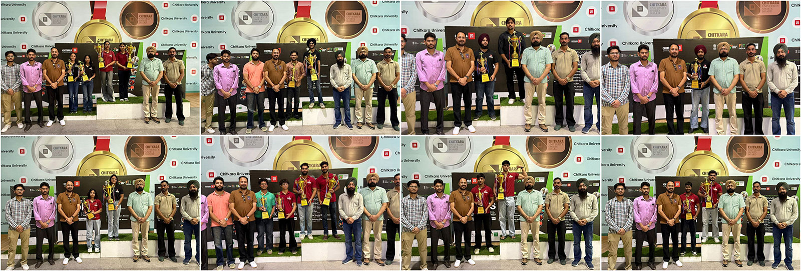 Chitkara University students celebrate Sports Week 2025 with awards under Nasha Mukt Bharat Abhiyan. Victorious student teams at Sports Week 2025 show medals and trophies, promoting fitness and sobriety.