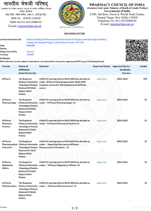 approval 24 25 pharmacy Chitkara University