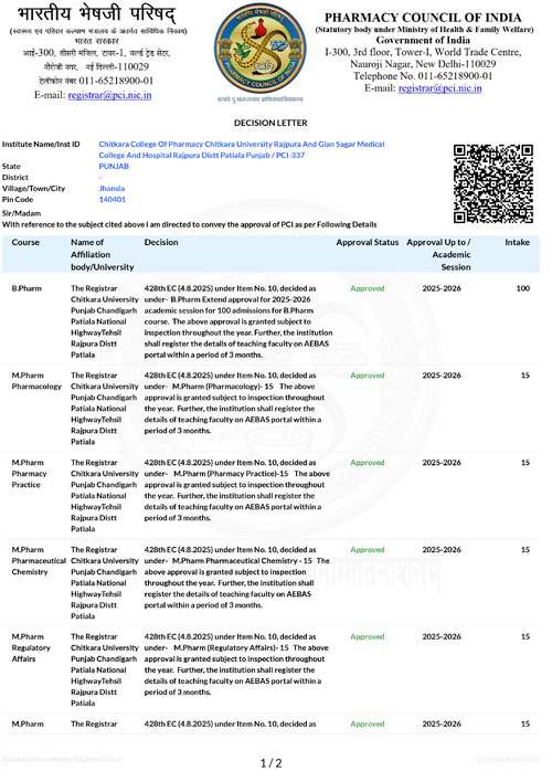 approval 25 26 pharmacy Chitkara University